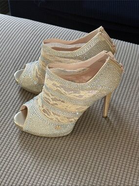 Lauren Lorraine Champagne Crystal Lace Peep-Toe Stiletto Booties